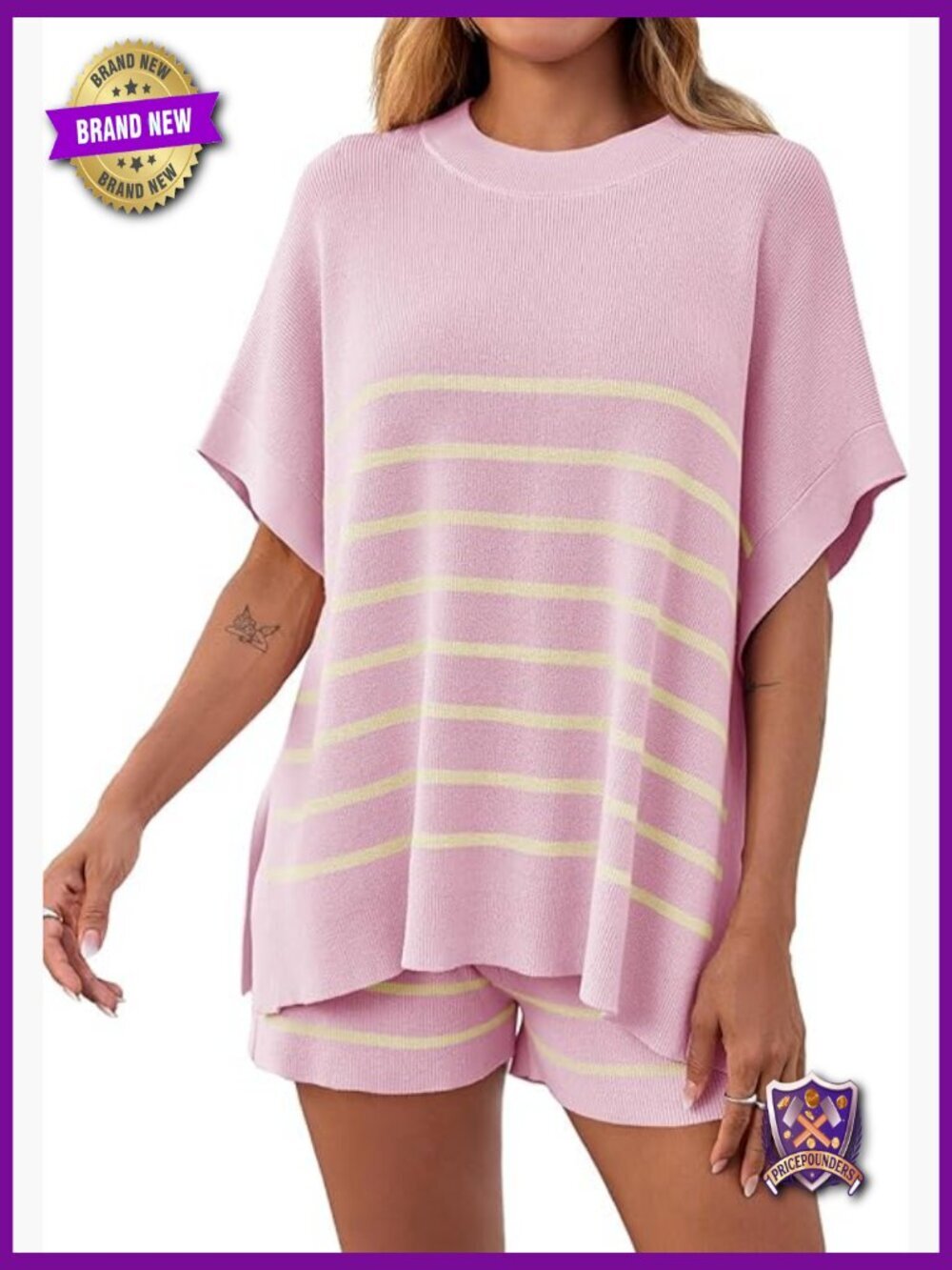 Striped 2 Piece Outfit Oversized Batwing Top and High Waisted Shorts Set
